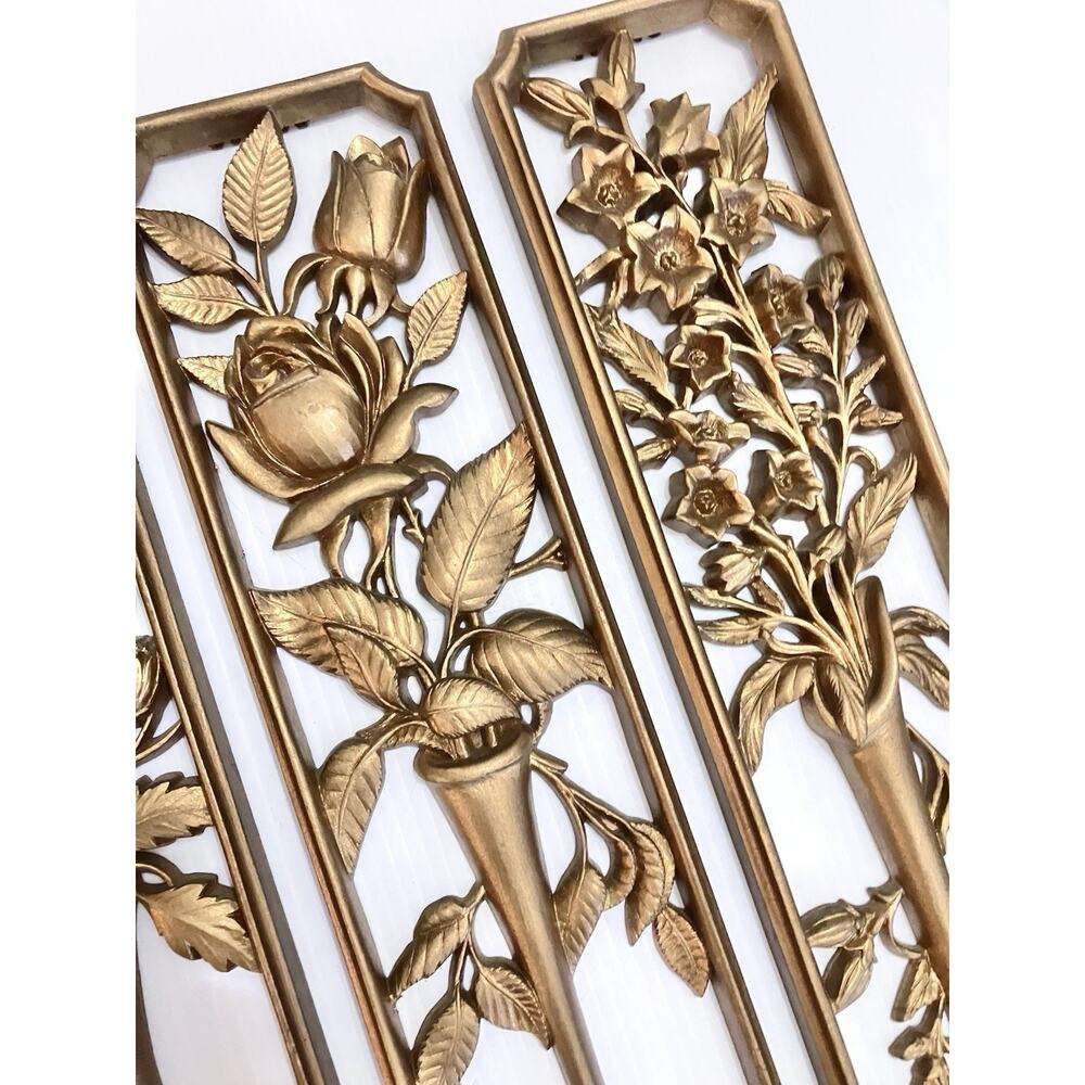 Vintage Gold Floral Wall Hanging Panels Set Of 4 Regency MCM Art- 17 In -Burwood - Picture 3 of 6